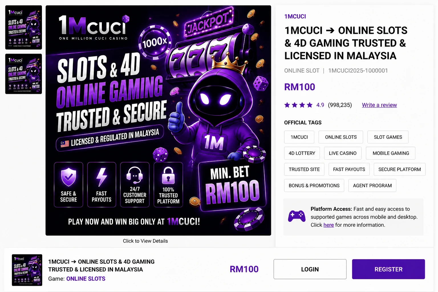 Promotional 1MCUCI product illustration showing RM100