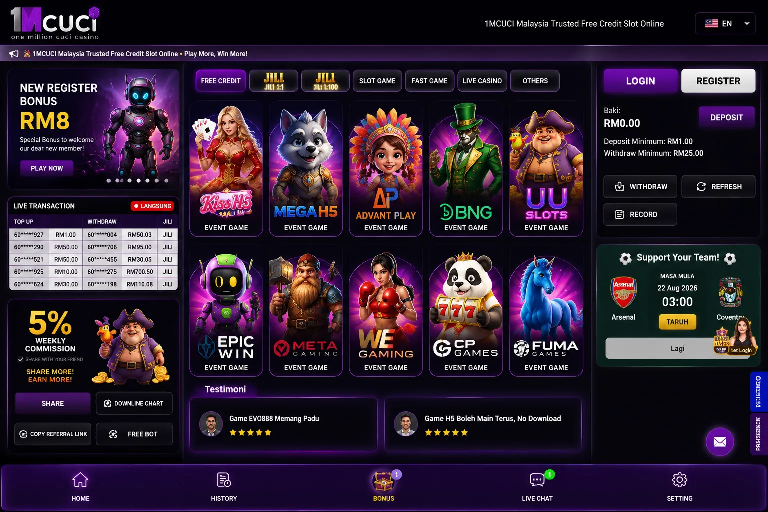Example of the 1MCUCI online gaming platform interface